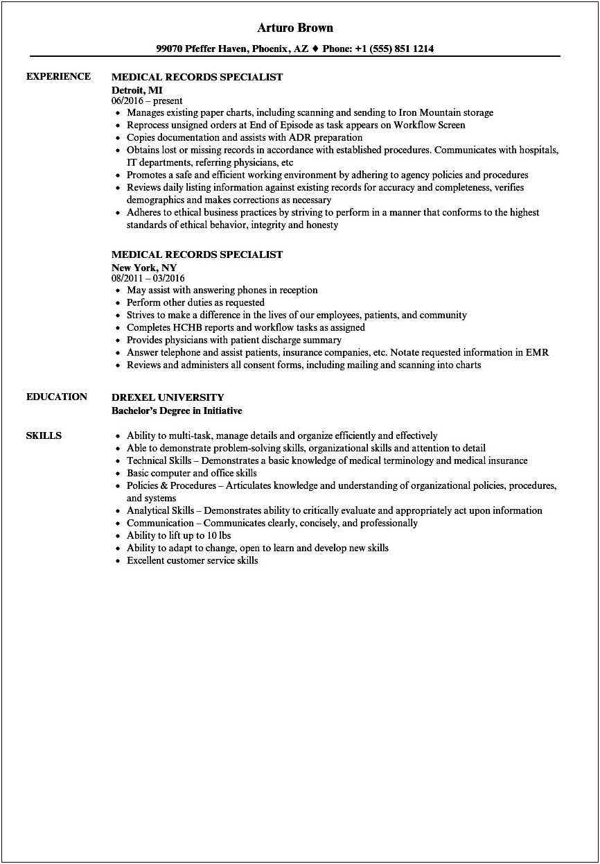 Medical Record Job Description For Resume