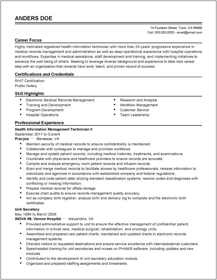 Medical Records And Health Information Technicians Sample Resume