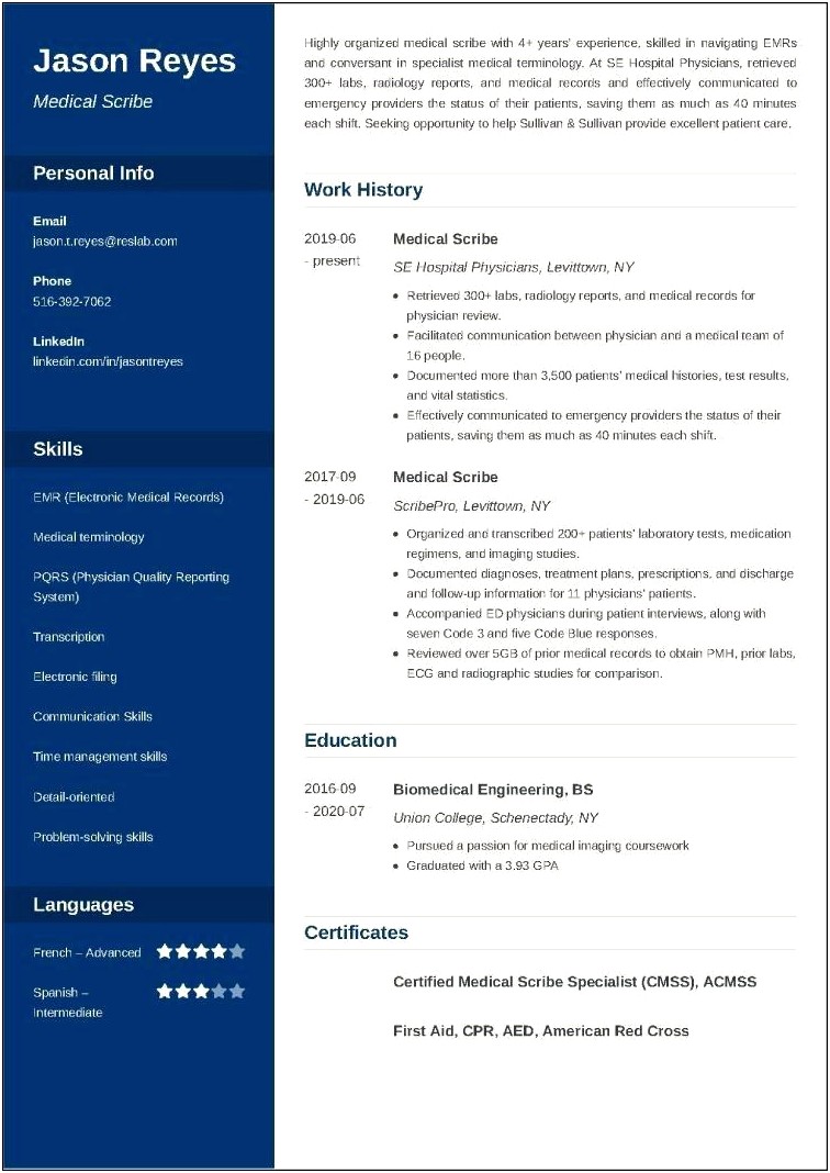 Medical Scribe Entry Level Resume Example