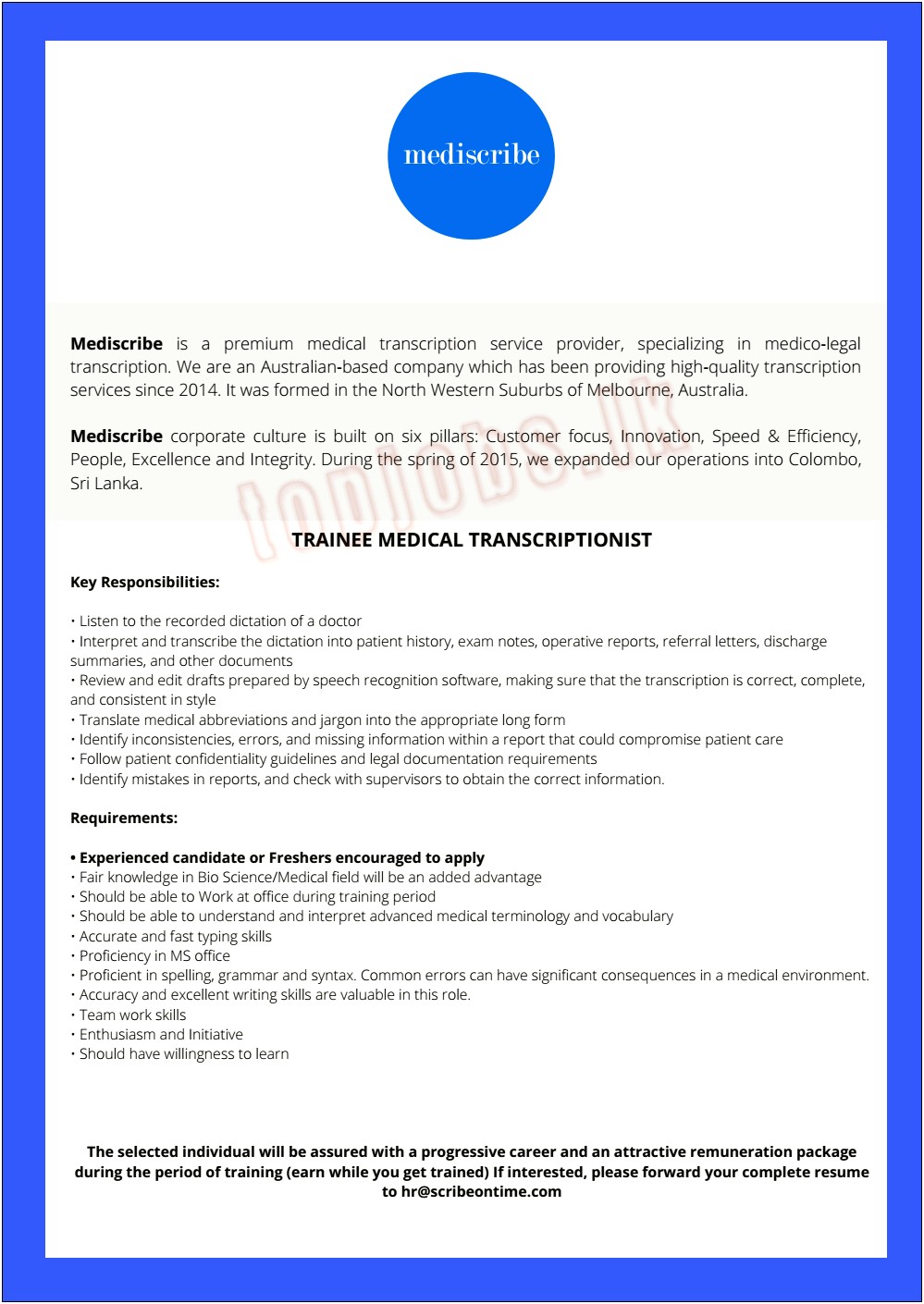 Medical Transcriptionist Job Description For Resume