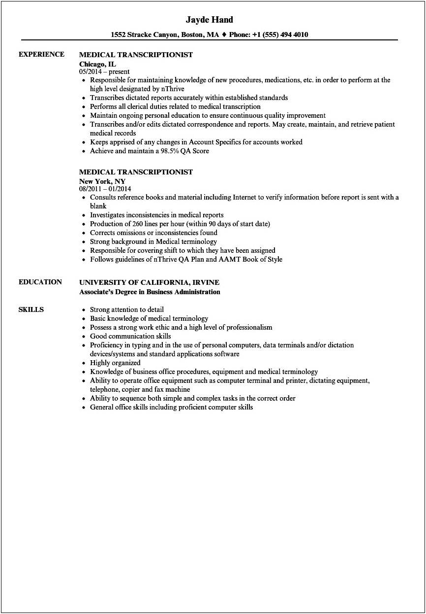 Medical Transcriptionist Resume Sample No Experience