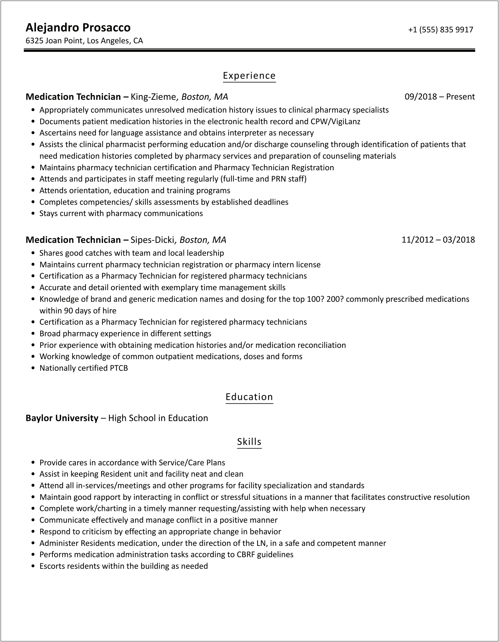Medication Technician Job Description For Resume