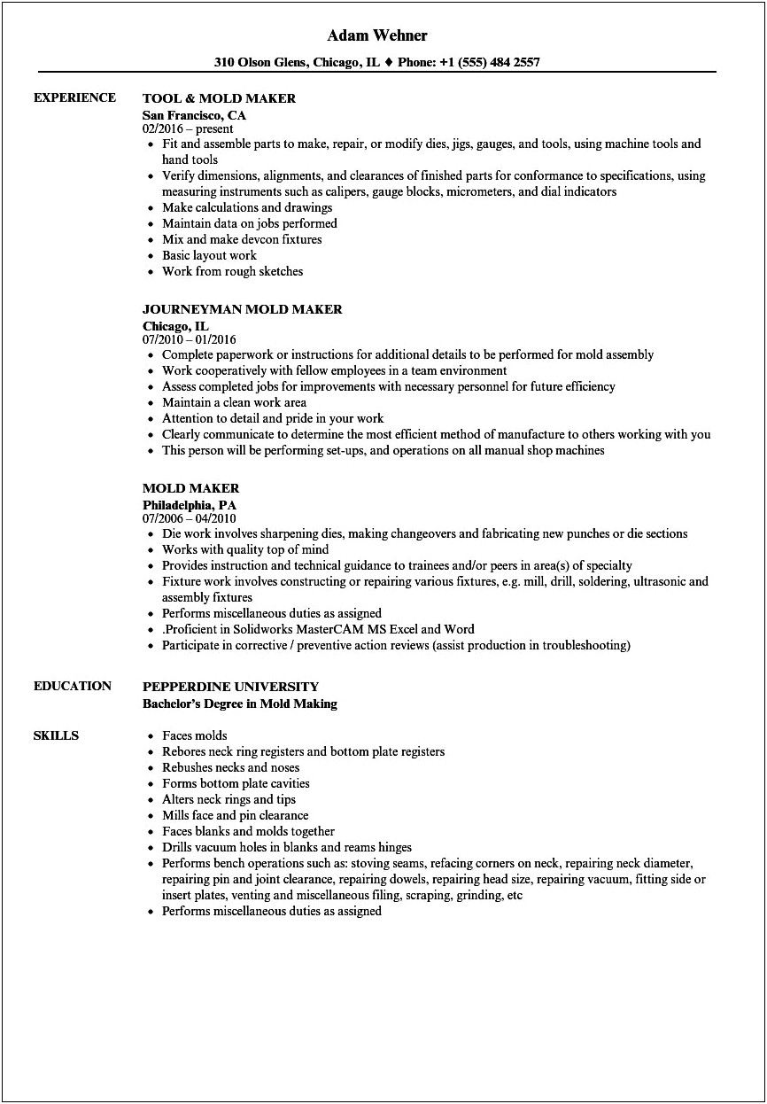 Metal Injection Molding Job Resume Samples