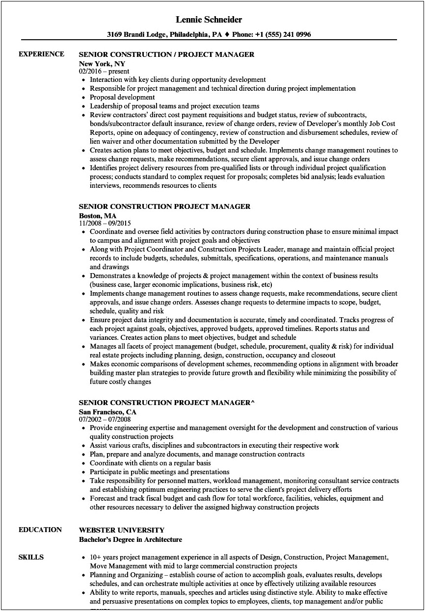 Mid Level Construction Manager Resume Pdf