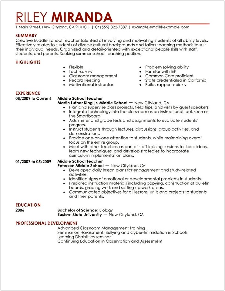 Middle School Teacher Free Resume Template