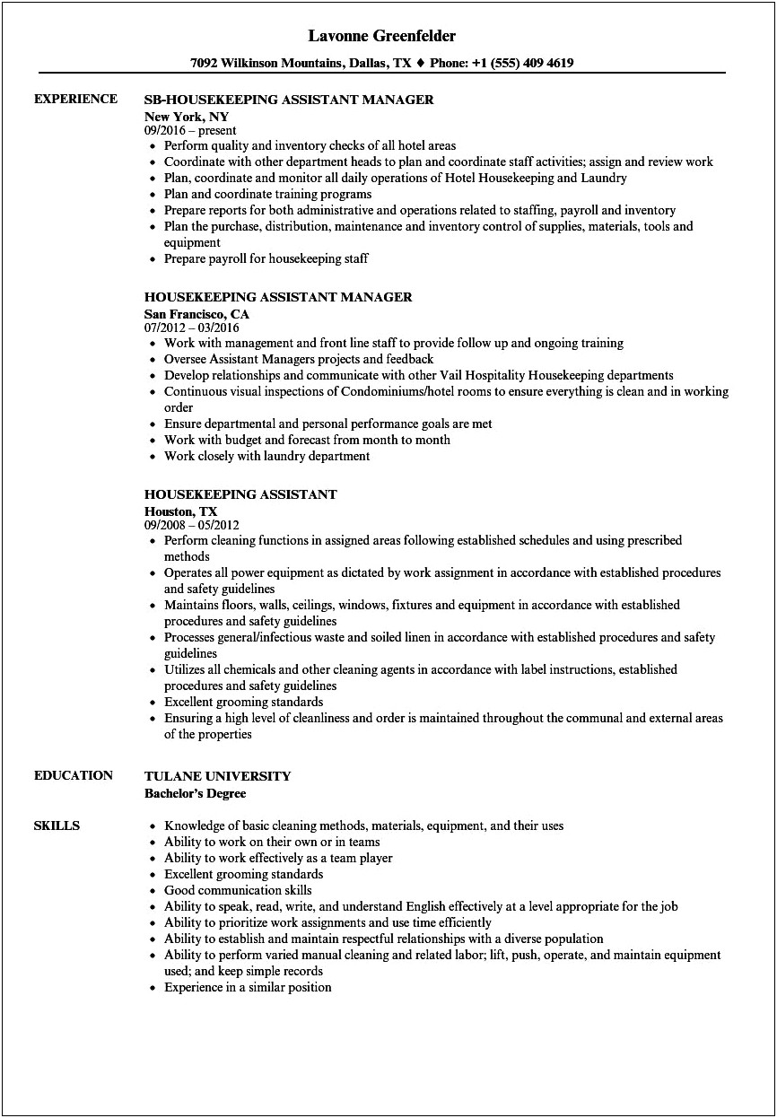 Model Of Template For A Housekeeping Resume