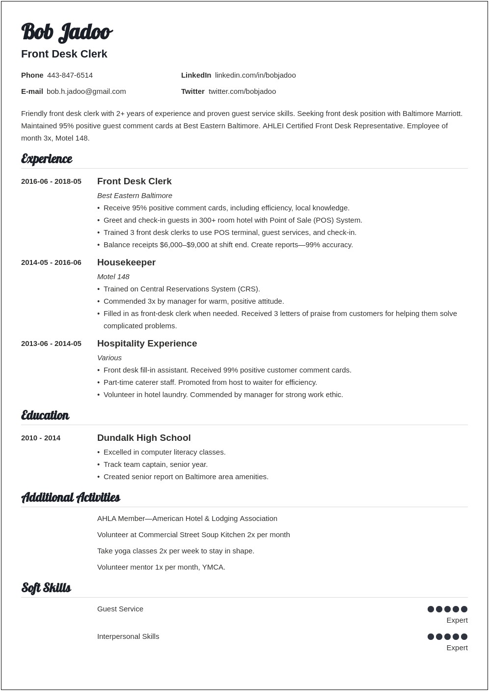 Modern Resume Example Resort Couple Entry Level