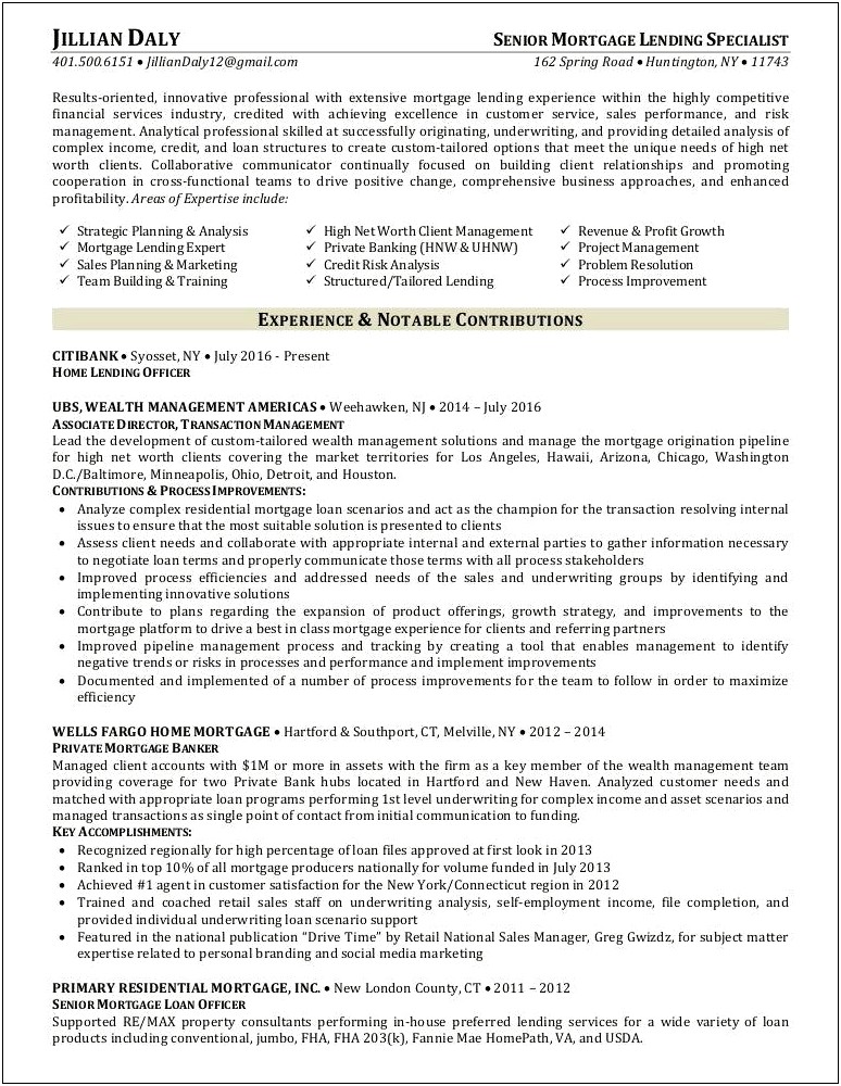 Mortgage Loan Officer Resume For Year Experience