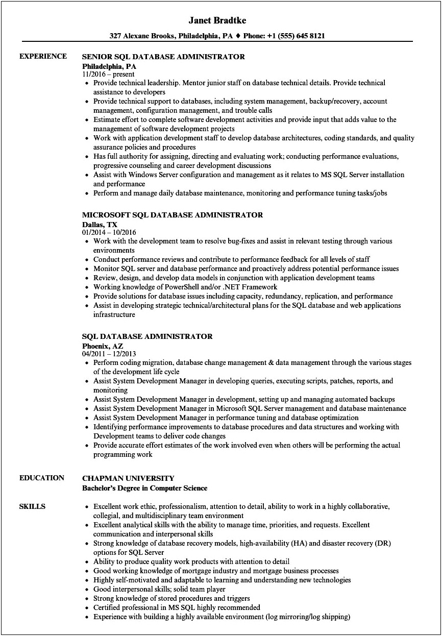 Ms Sql Server Administrator Resume Examples