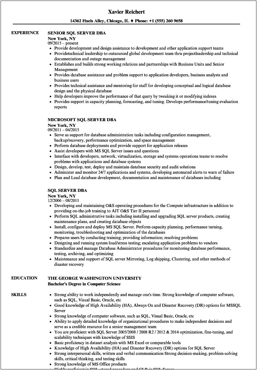 Ms Sql Server Dba Sample Resume