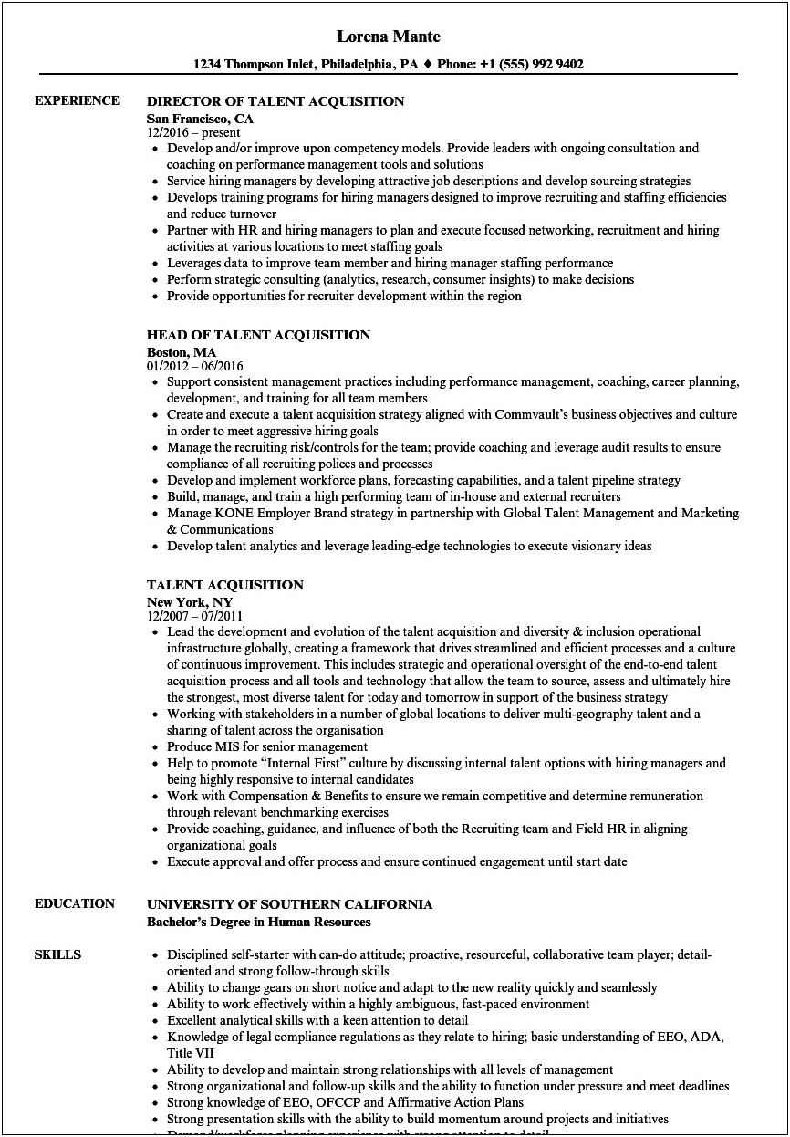 Ms Word Resume Templates For Talent Acquition Manager