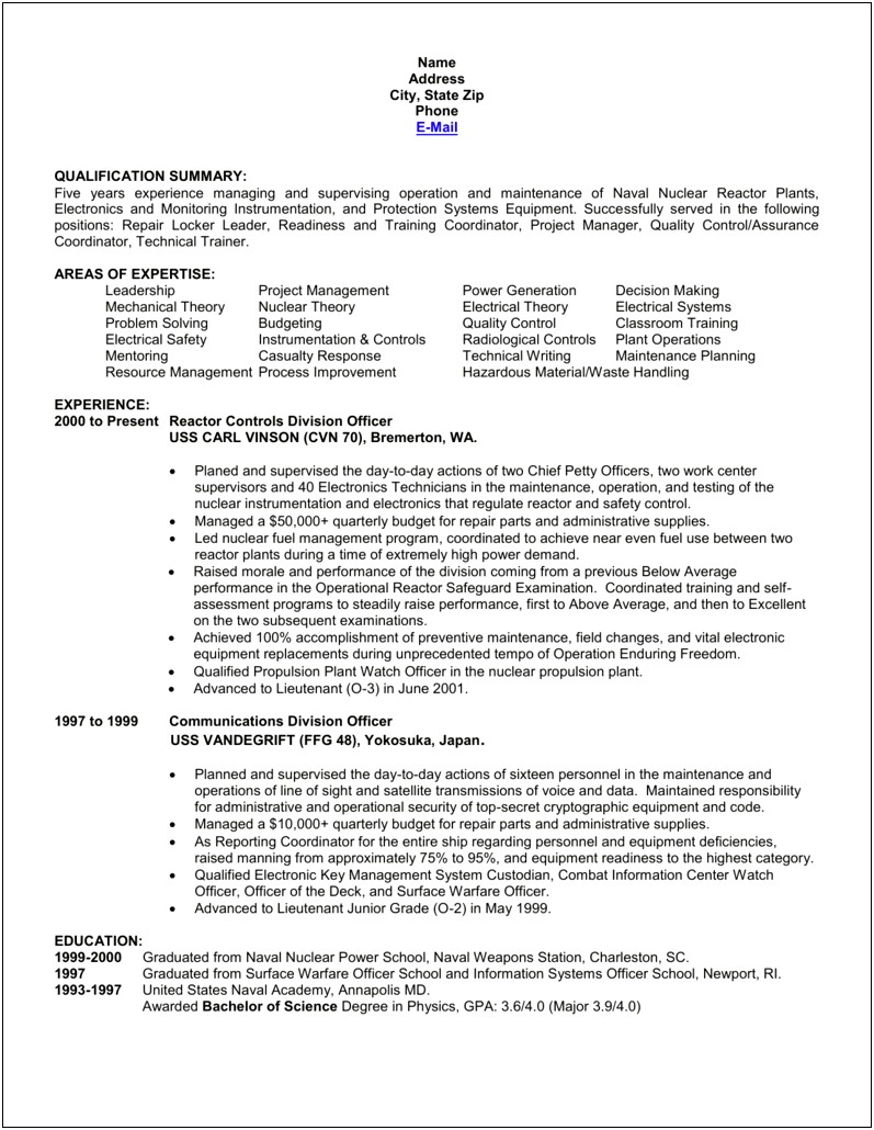 Navy Emergency Reclamation Description For Resume