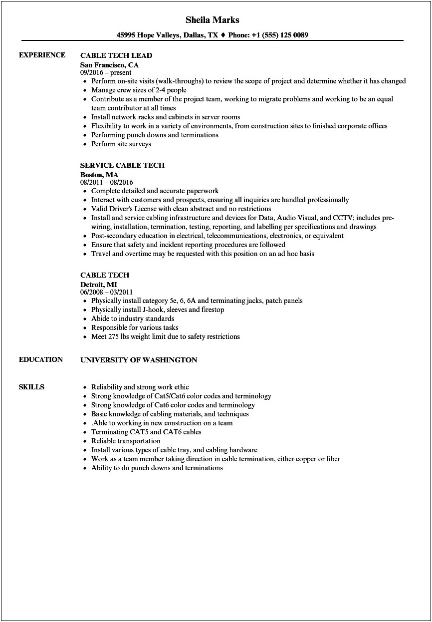 Networking Job Description Cat5 And Terminating Cables Resume