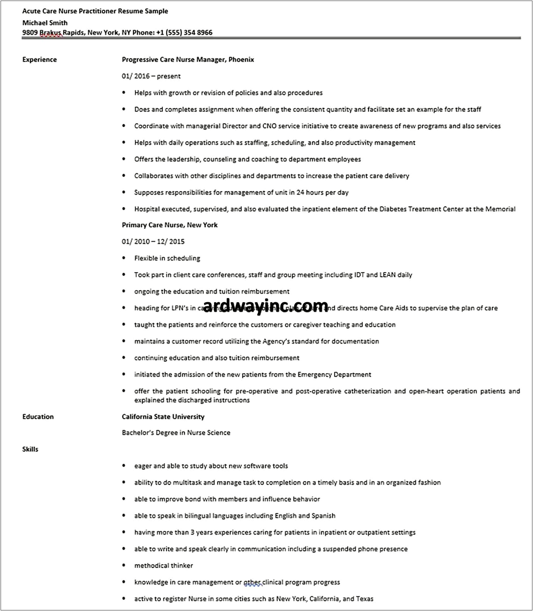 New Grad Acute Care Nurse Practitioner Resume Examples