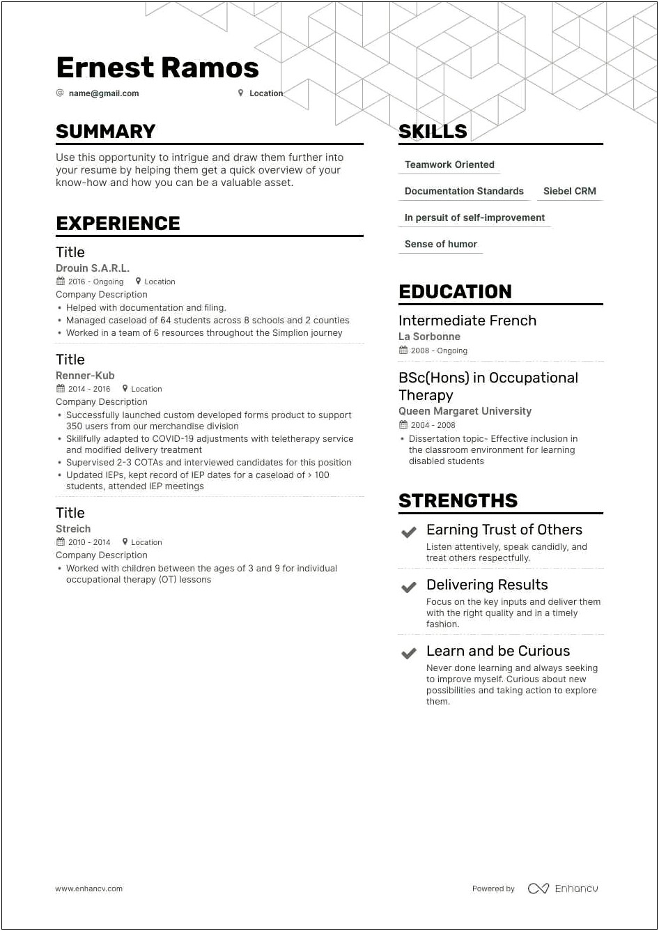 New Grad Occupational Therapist Resume Sample