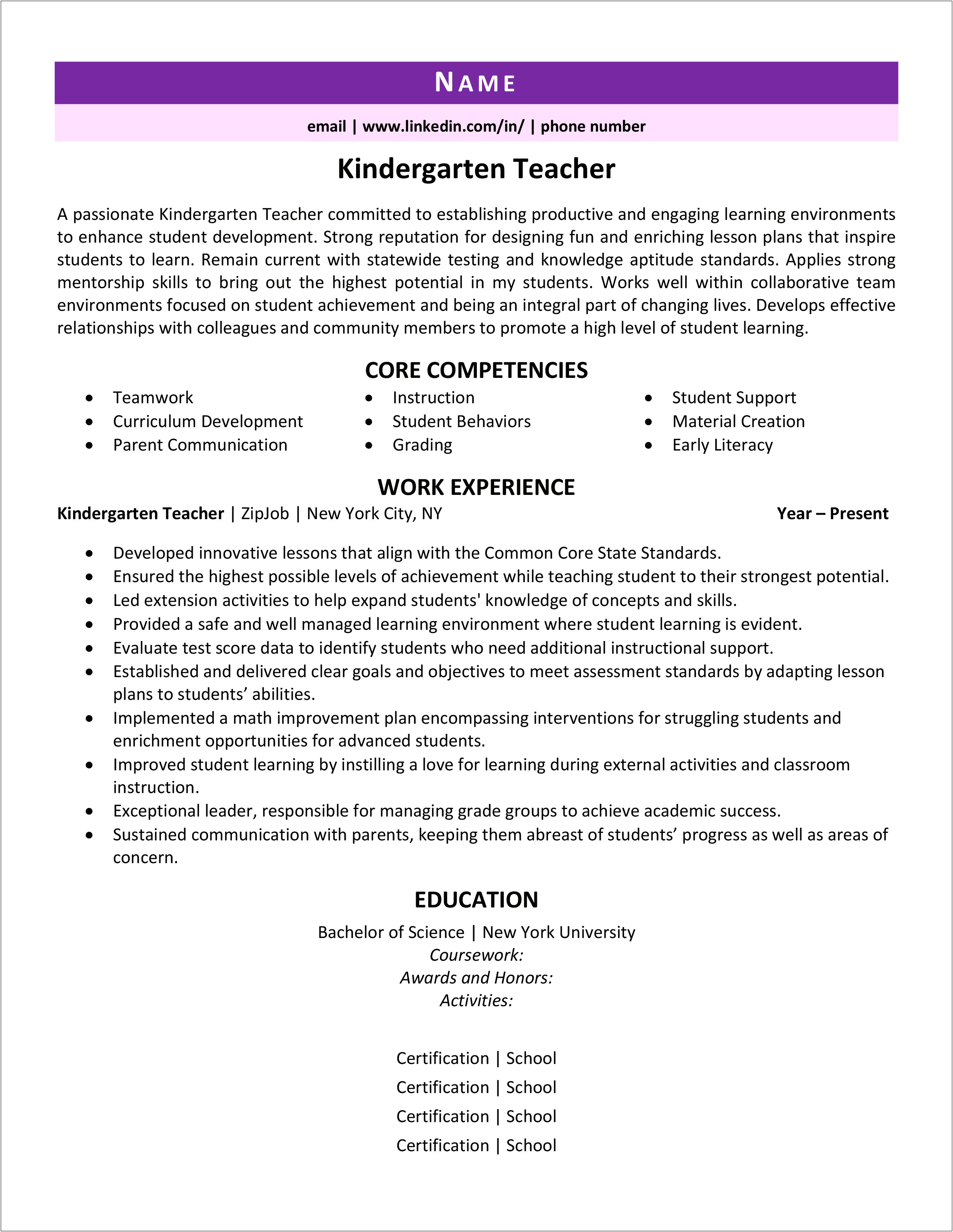 New York State Teacher Resume Examples