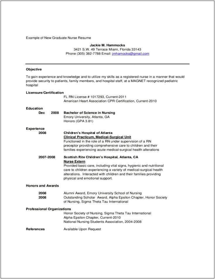 Newly Grad Vn Resume Summary Example