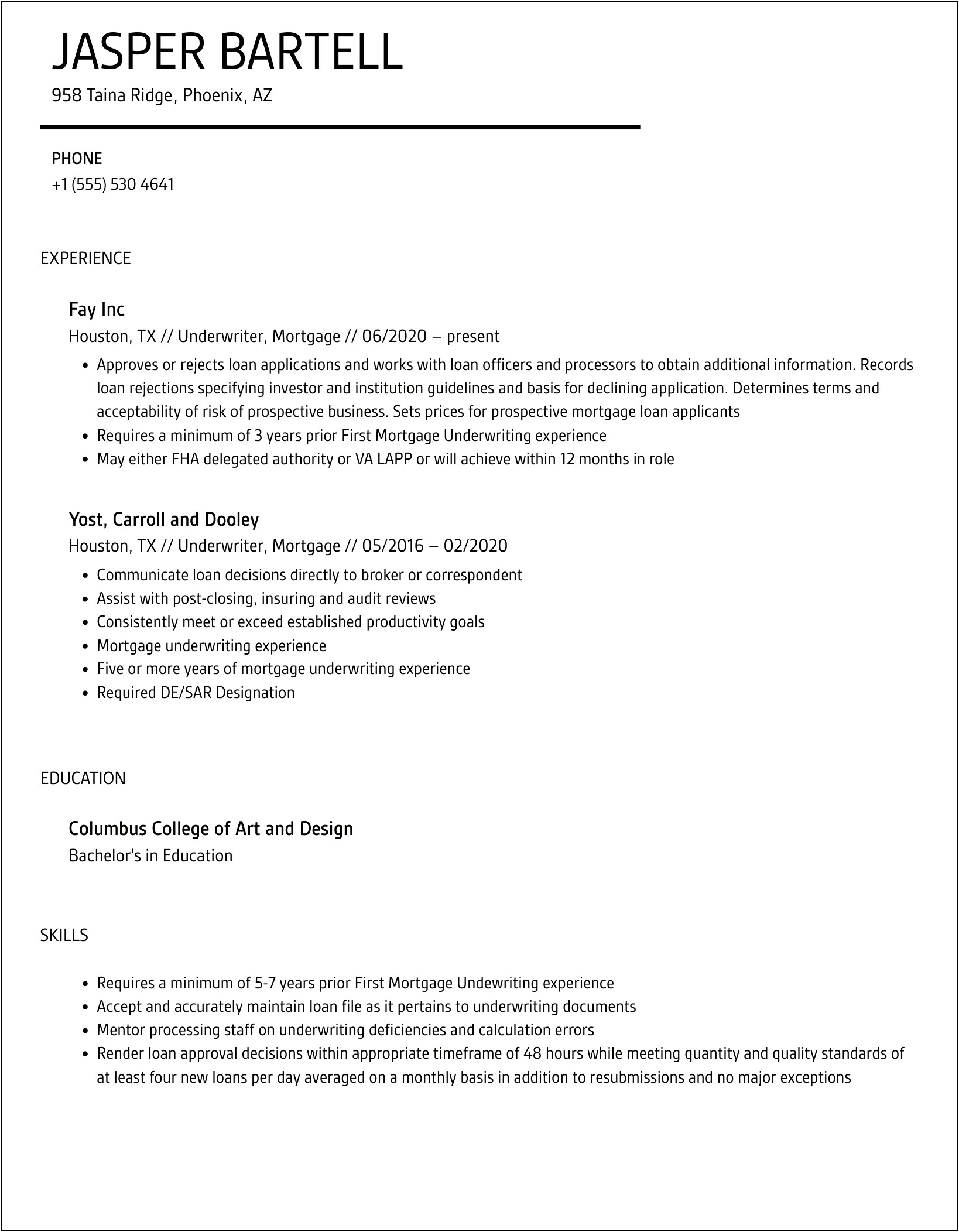 No Experience In Housing Underwriter Federal Resume