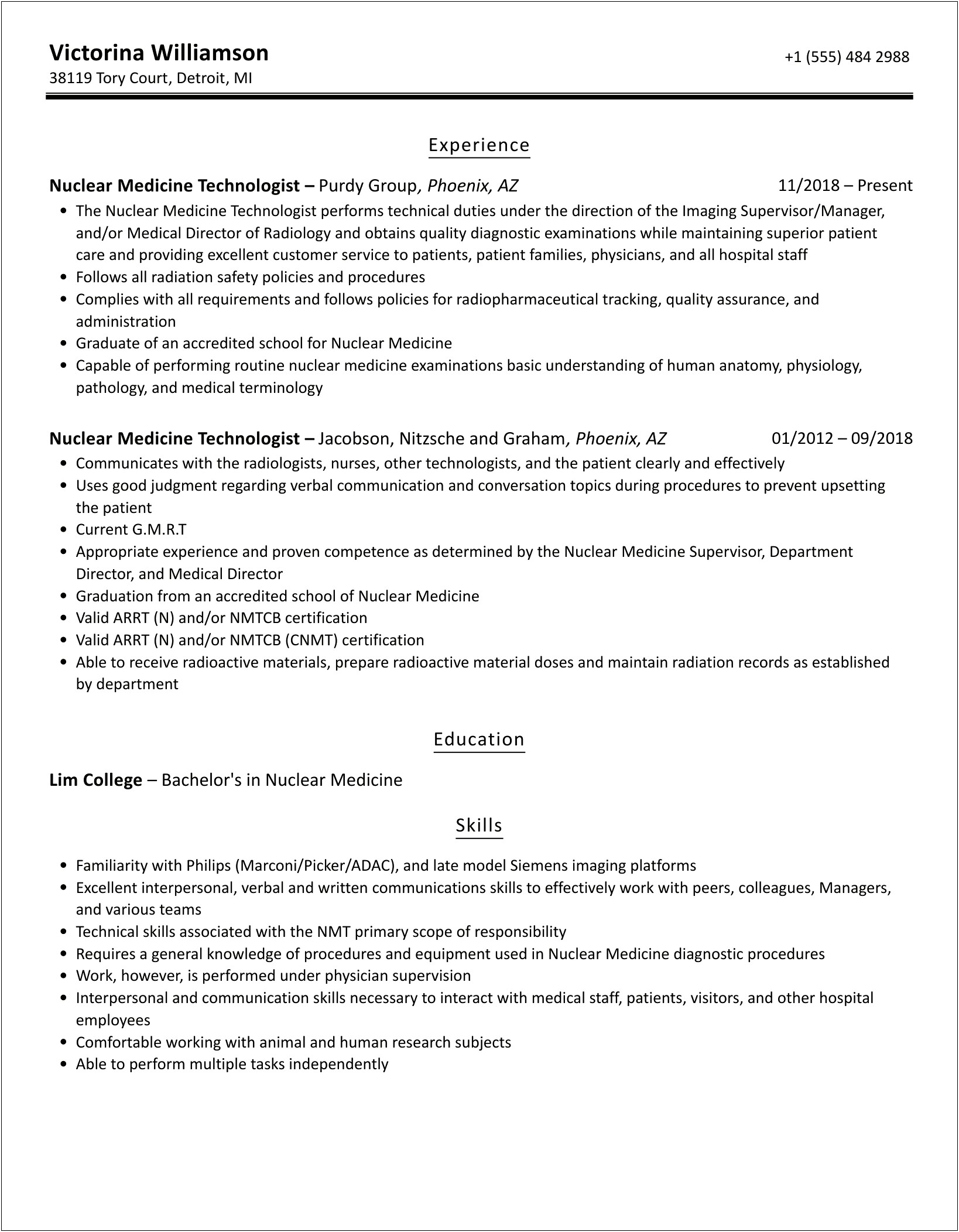 Nuclear Medicine Tech Resume Entry Level Examples