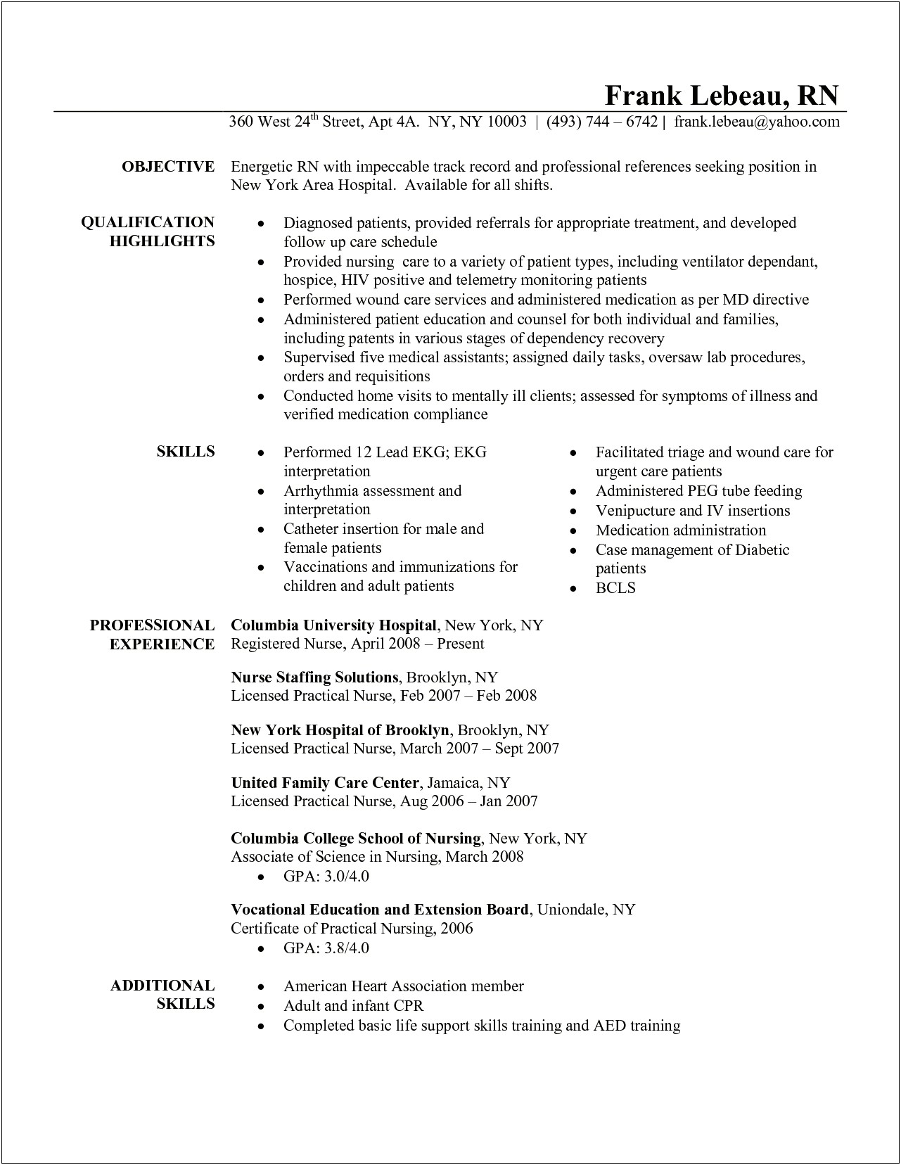 Nurse Resume Sample With Job Description