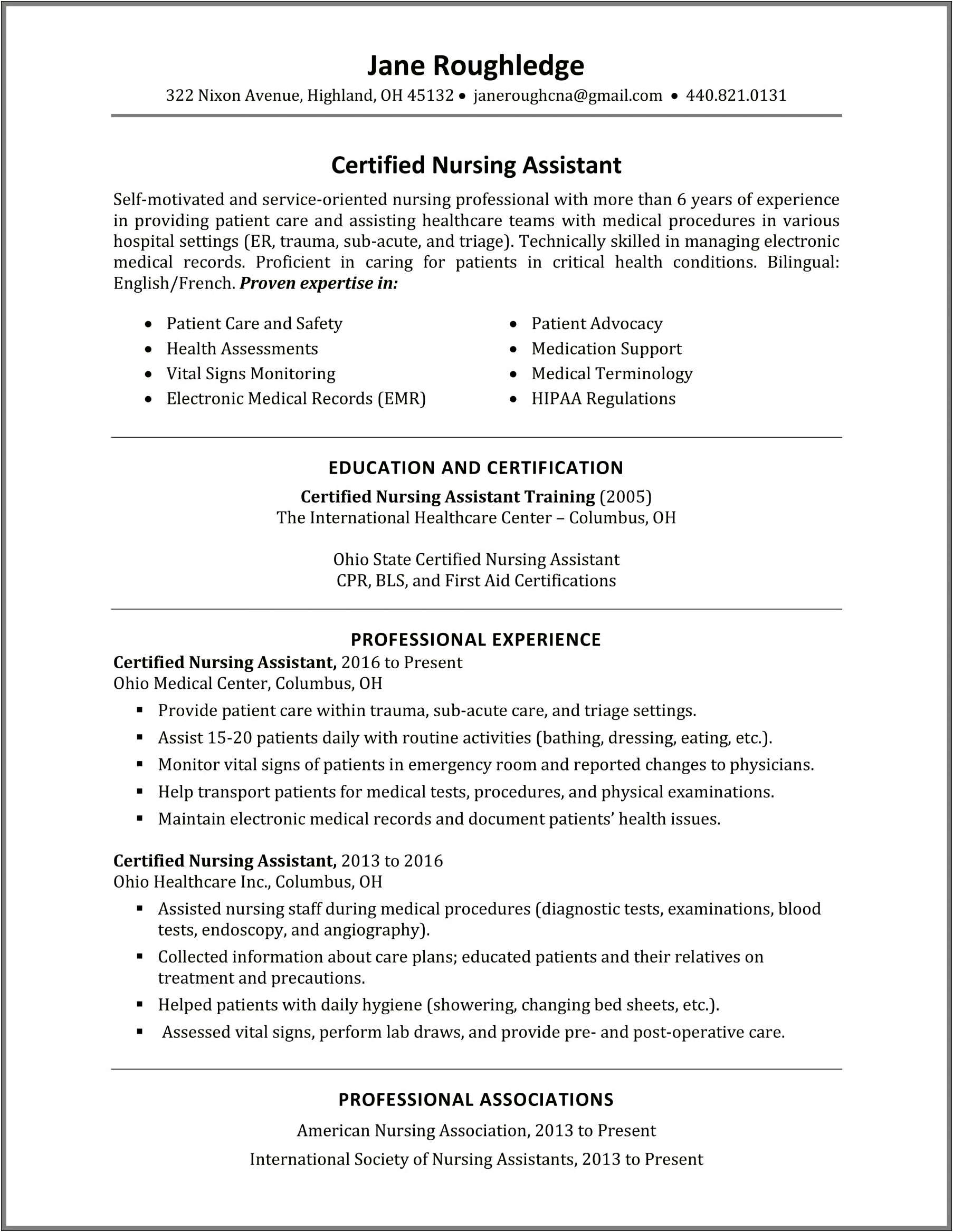 Nursing Assistant Cna Resume No Experience
