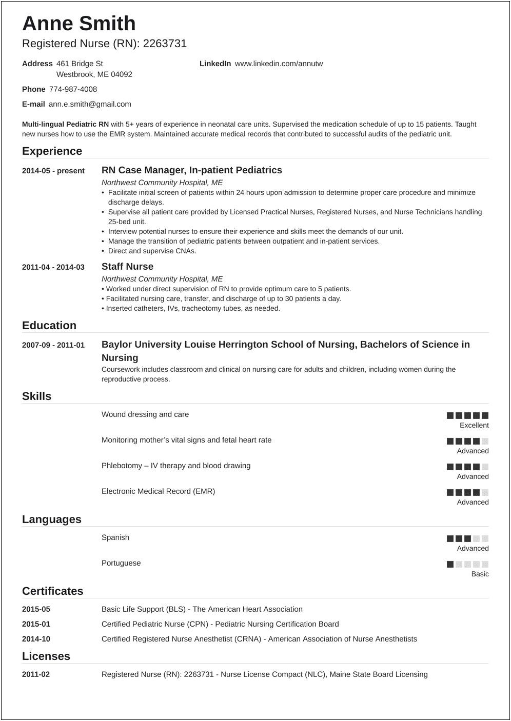 Nursing Resume 1 Year Experience Examples