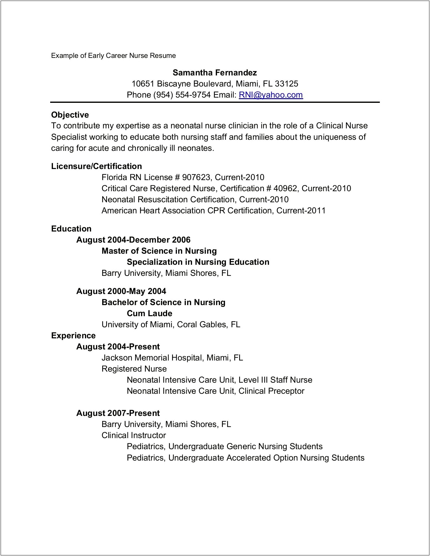 Nursing Resume Examples For Heart Center