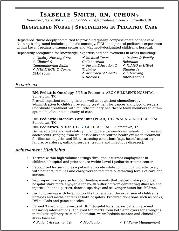 Nursing Resume With One Year Experience In Oncology