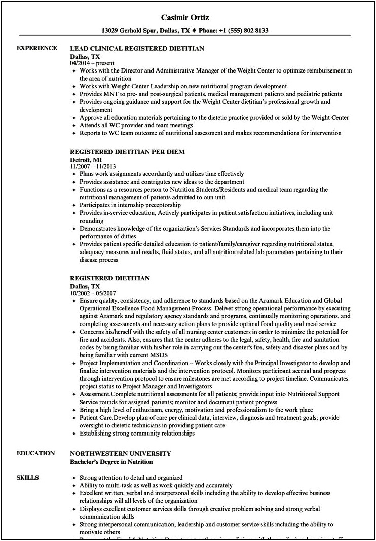 Objective Examples For A Resume Dietitian