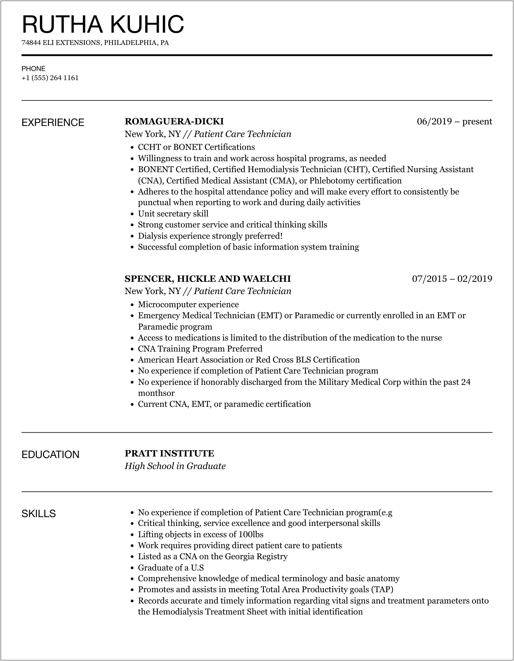 Objective Examples For Resume Patient Care Tech