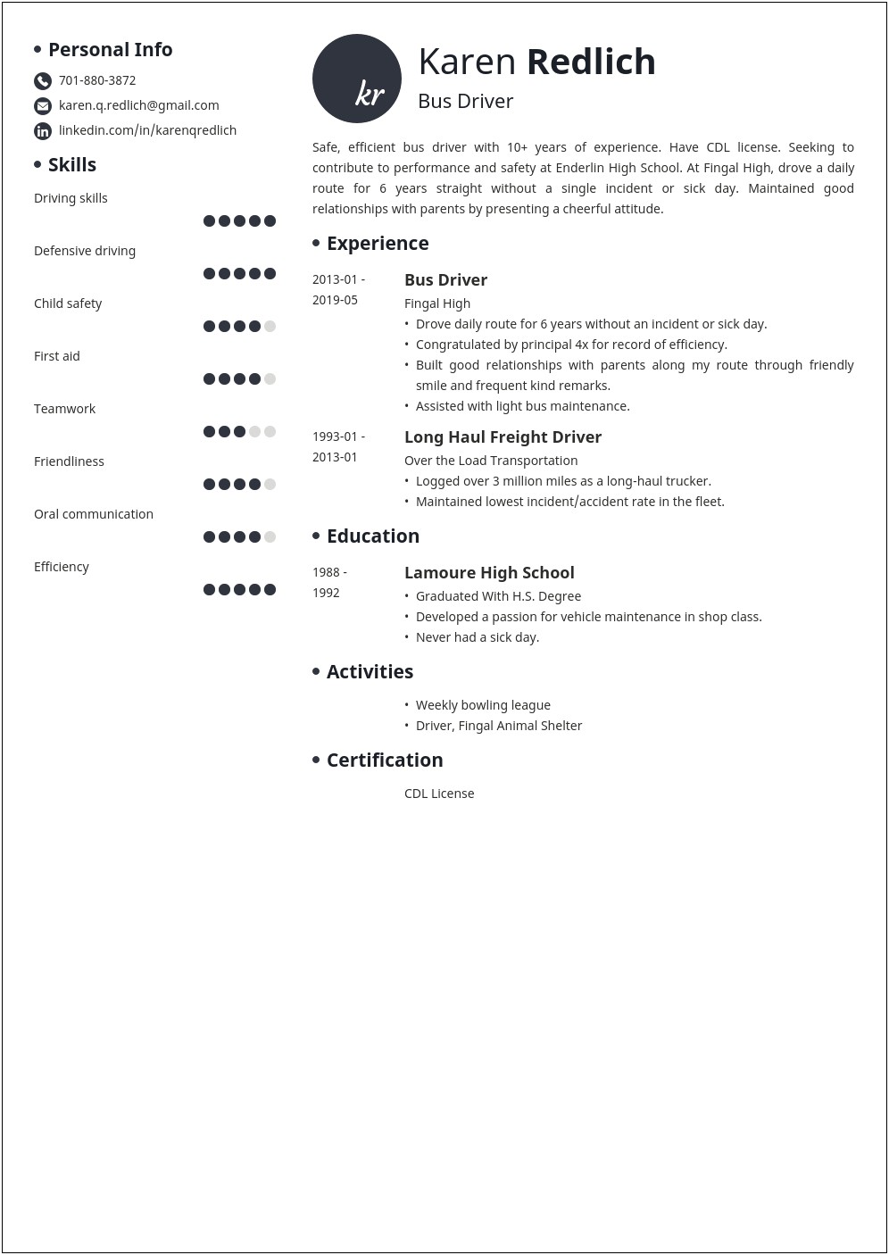 Objective For A Bus Driver Resume