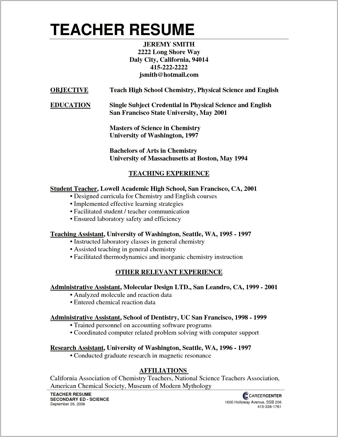 Objective For A Science Teacher Resume