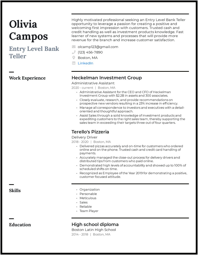 Objective For A Teller Position On Resume