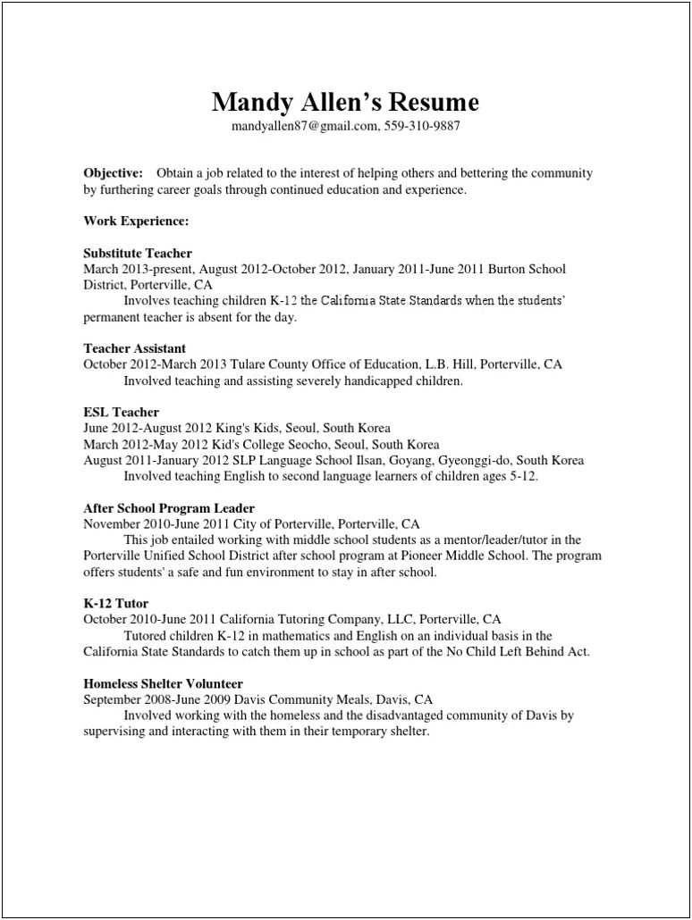 Objective For After School Program Resume