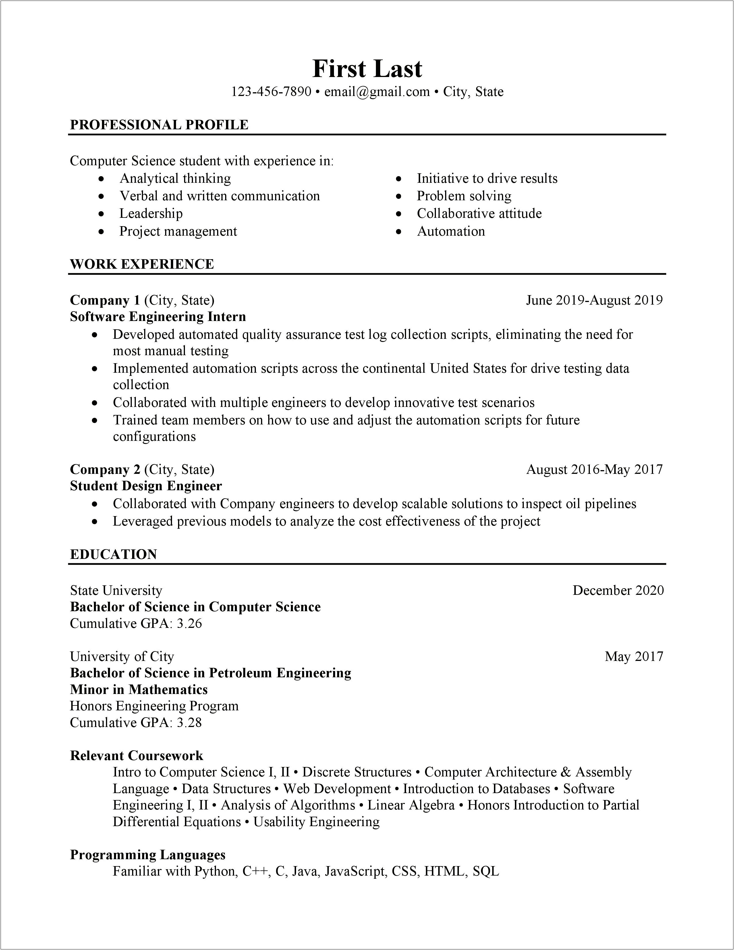 Objective For Computer Science Internship Resume