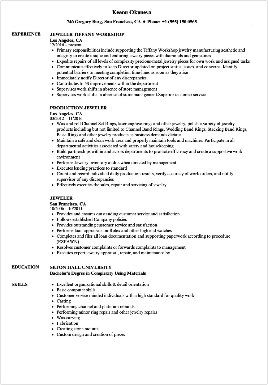 Objective For Freelance Jewelry Designer Resume