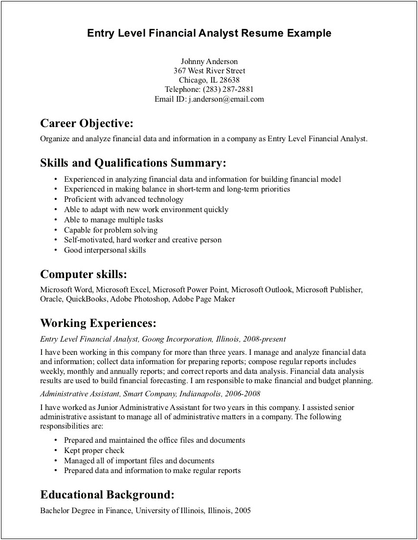 Objective For Resume Banking Entry Level