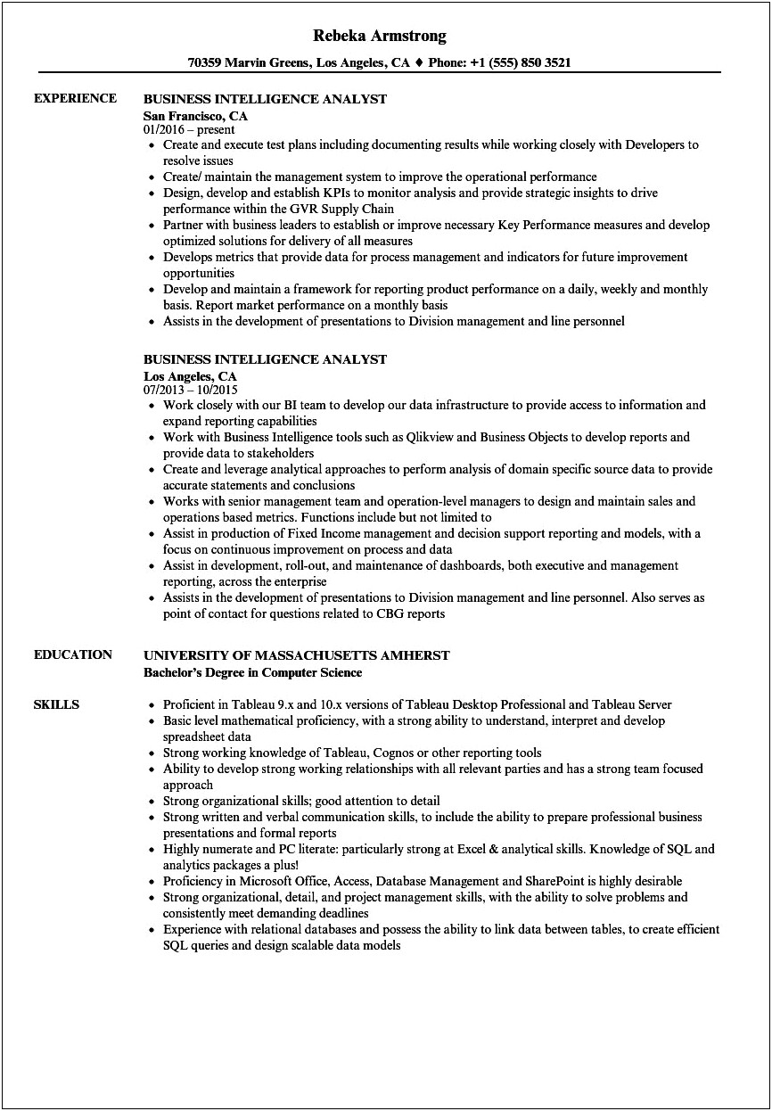 Objective For Resume For Bi Developer