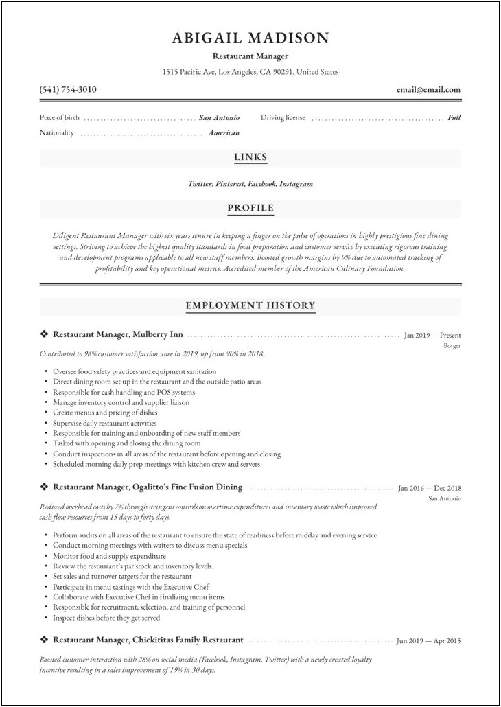 Objective For Resume For Restaurant Hospitality