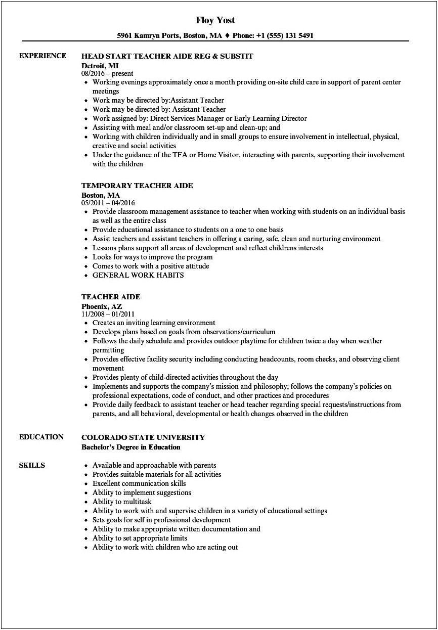 Objective For Resume For School Aide