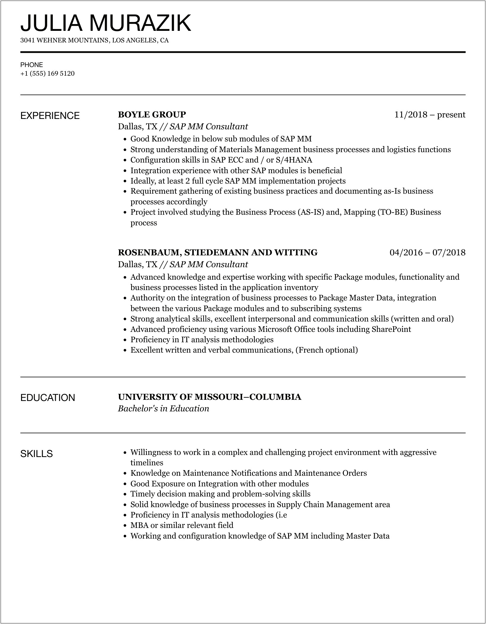 Objective For Resume Sap Mm Consultant