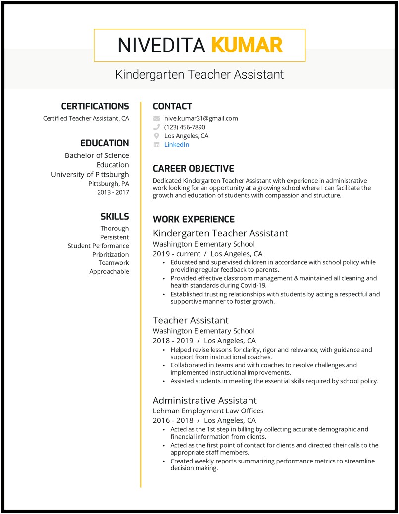 Objective For Resume Teaching Head Start