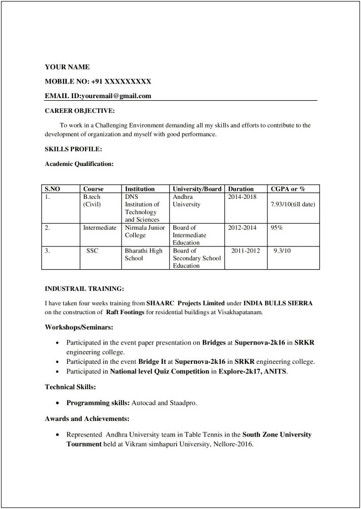 Objective In Resume For Engineer Fresher