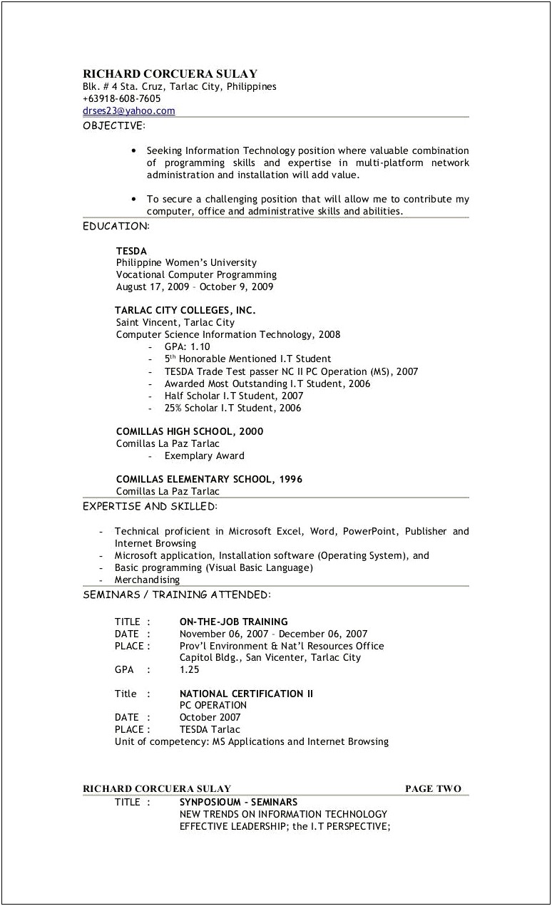 Objective In Resume For Fresh Graduate Information Technology