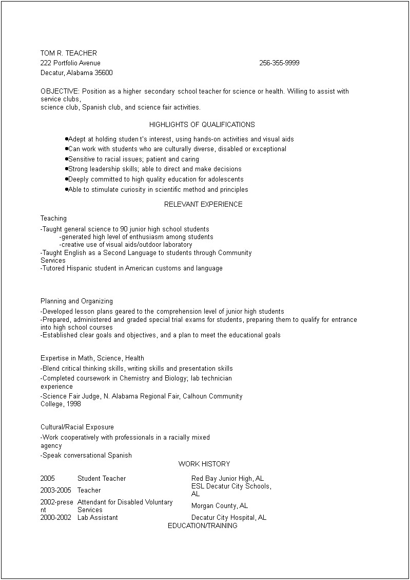 Objective In Resume For Student Teacher