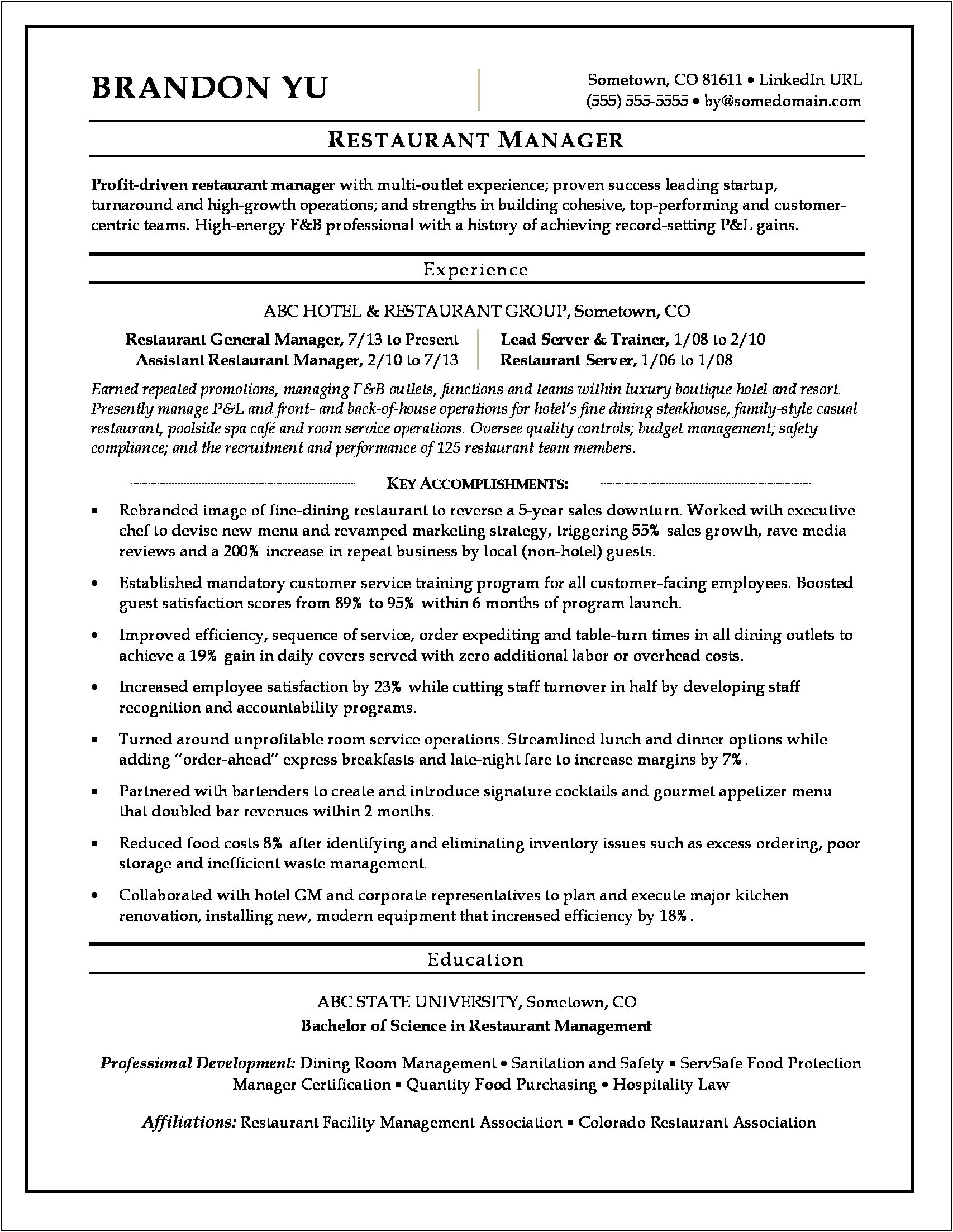 Objective In Resume Sample In Hospitality