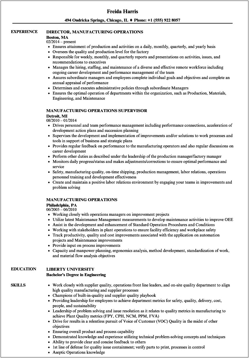 Objective Of A Resume For Manufacturing