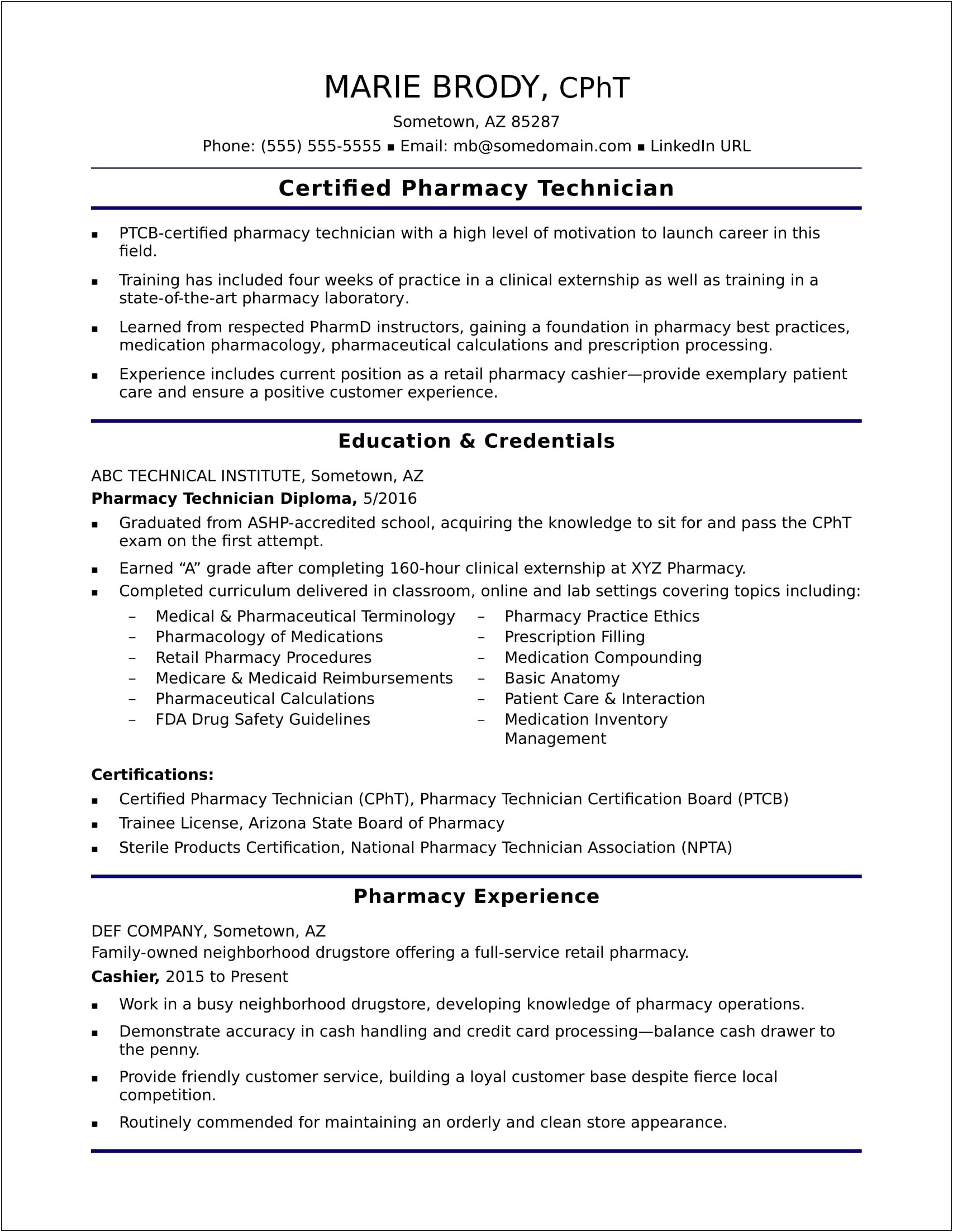 Objective Of Pharmacy Technician On Resume
