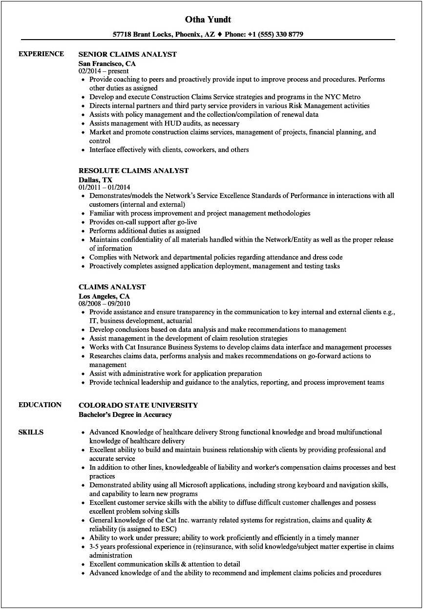 Objective On Resume For Claims Analyst