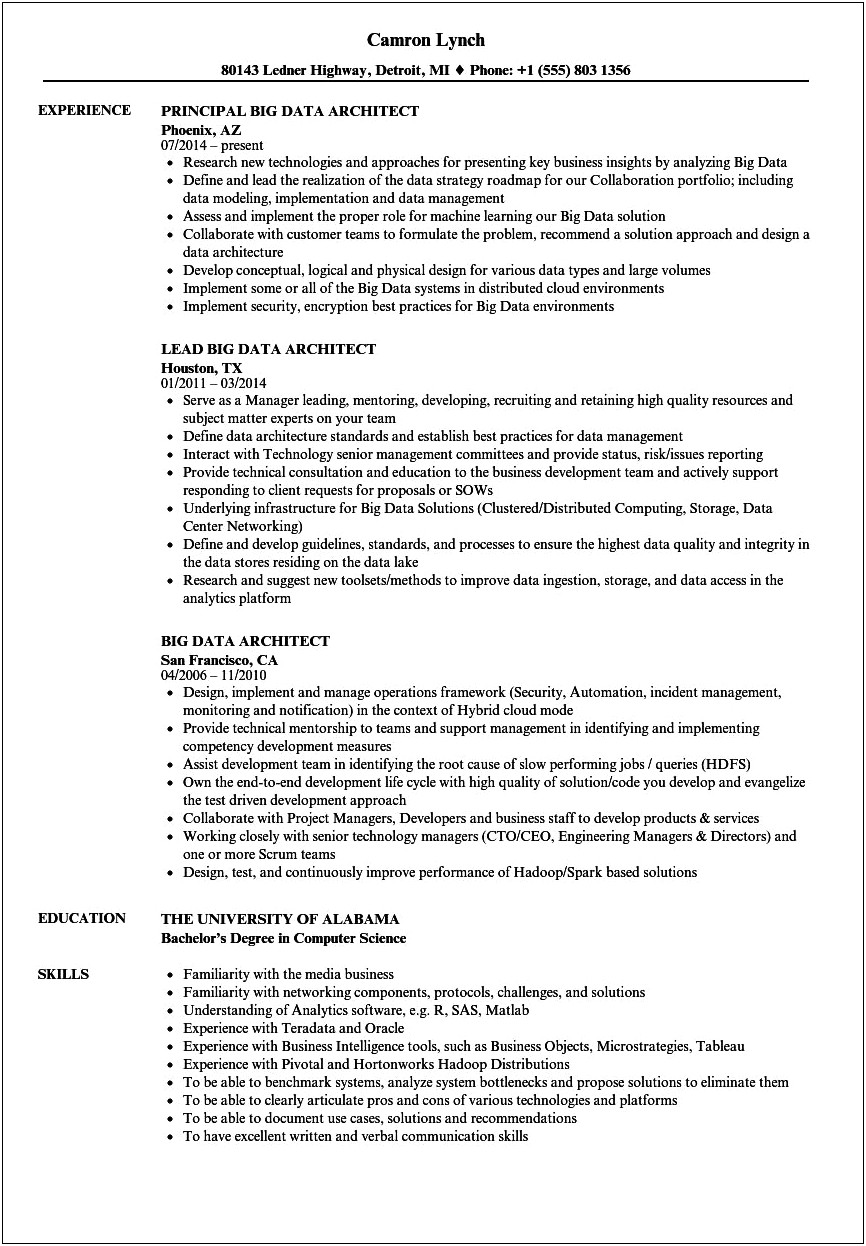 Objective On Resume For Data Architect